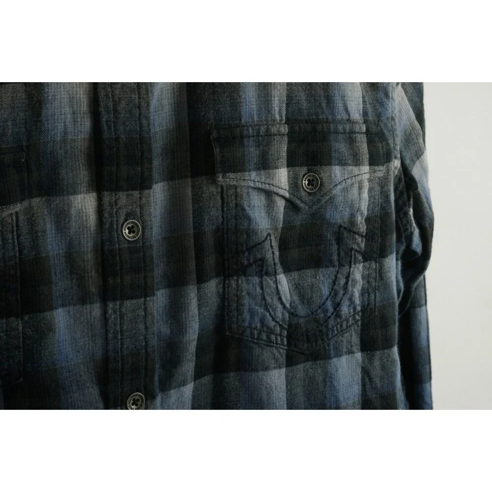 True Religion Men's Large Slim Long Sleeve Dip Dye Ombre Flannel Button Up Shirt